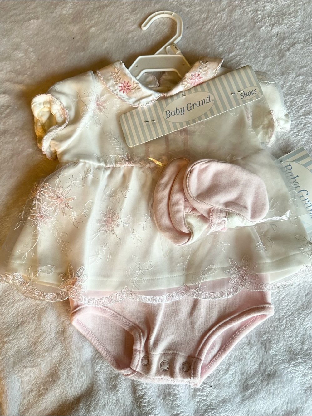 Baby Grand Pink & White Floral Embroidered Dress Bodysuit Set